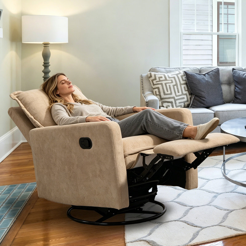 Tayani Plush Velvet Manual Swivel Rocker Recliner Chair, Camel