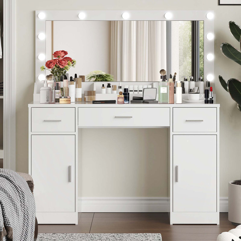 Meuble-lavabo 47,2 po avec 3 tiroirs, grand miroir et 3 modes d'éclairage couleur, luminosité réglable, Blanc