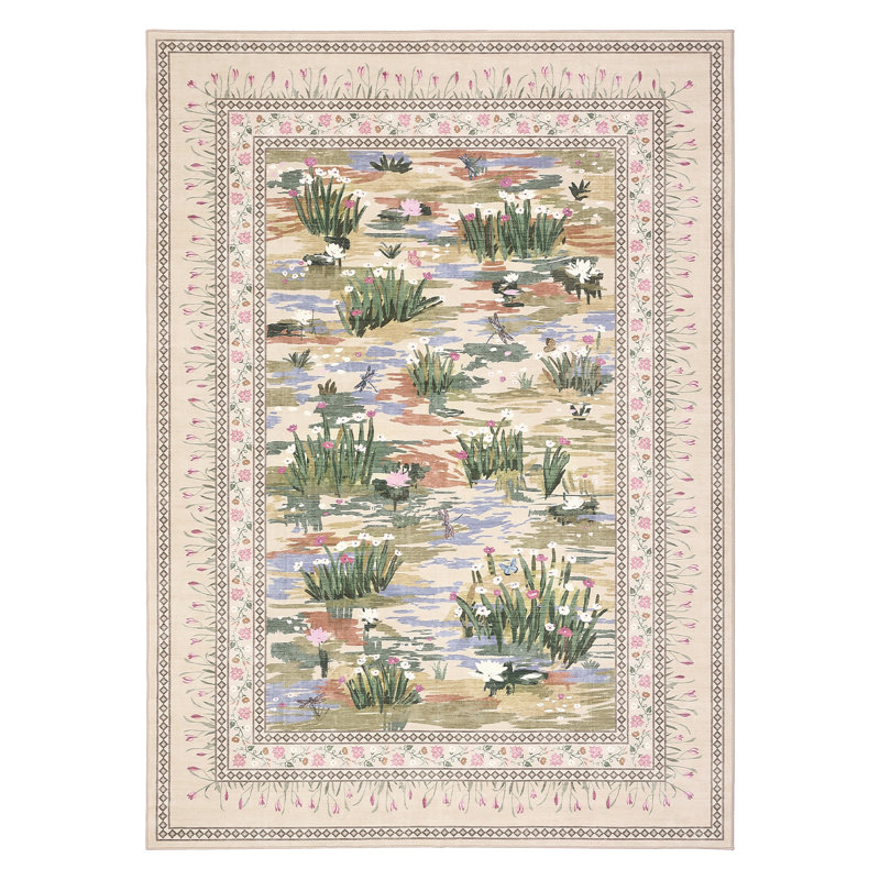 Washable Rug for Living Room, Soft Non Slip Floral Bedroom Rugs, Water Lily Pond Cute Nursery Rug, Large Low Pile Stain Resistant Farmhouse Rugs