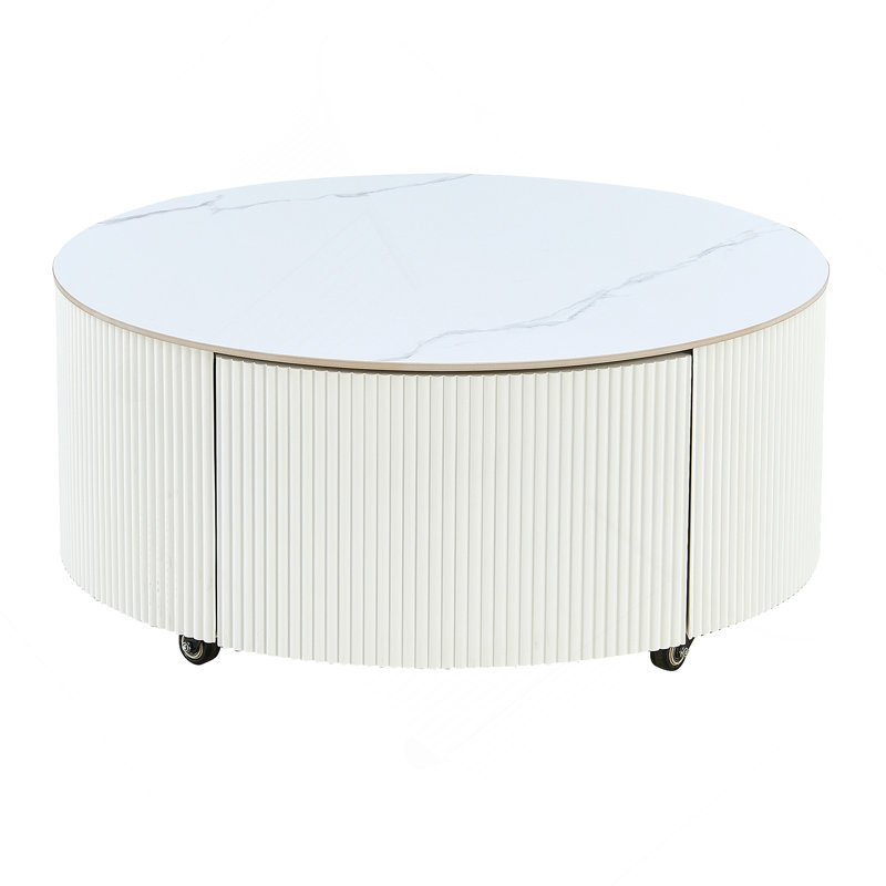 Table basse ronde moderne et fonctionnelle avec roulettes et deux tiroirs, idéale pour divers espaces de vie et décors, Blanc