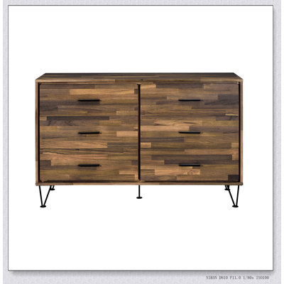 Commode Hestia à finition noyer avec 6 tiroirs spacieux et des pieds en métal modernes, parfaits pour les solutions de rangement élégantes
