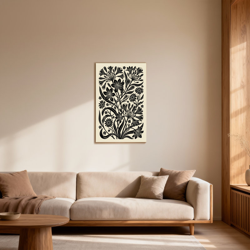 Plantes et fleurs à motif floral noir sur fond crème, H 48 po x l 32 po
