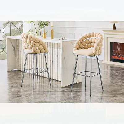 Ensemble de 2 tabourets de bar modernes en velours beige avec pieds en métal chromé pour la cuisine et le bar