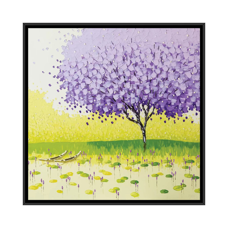 «Tranquil Season», peinture sur toile, H 18 po x l 18 po x P 1,5 po, Toile encadrée noire, Pas de tapis