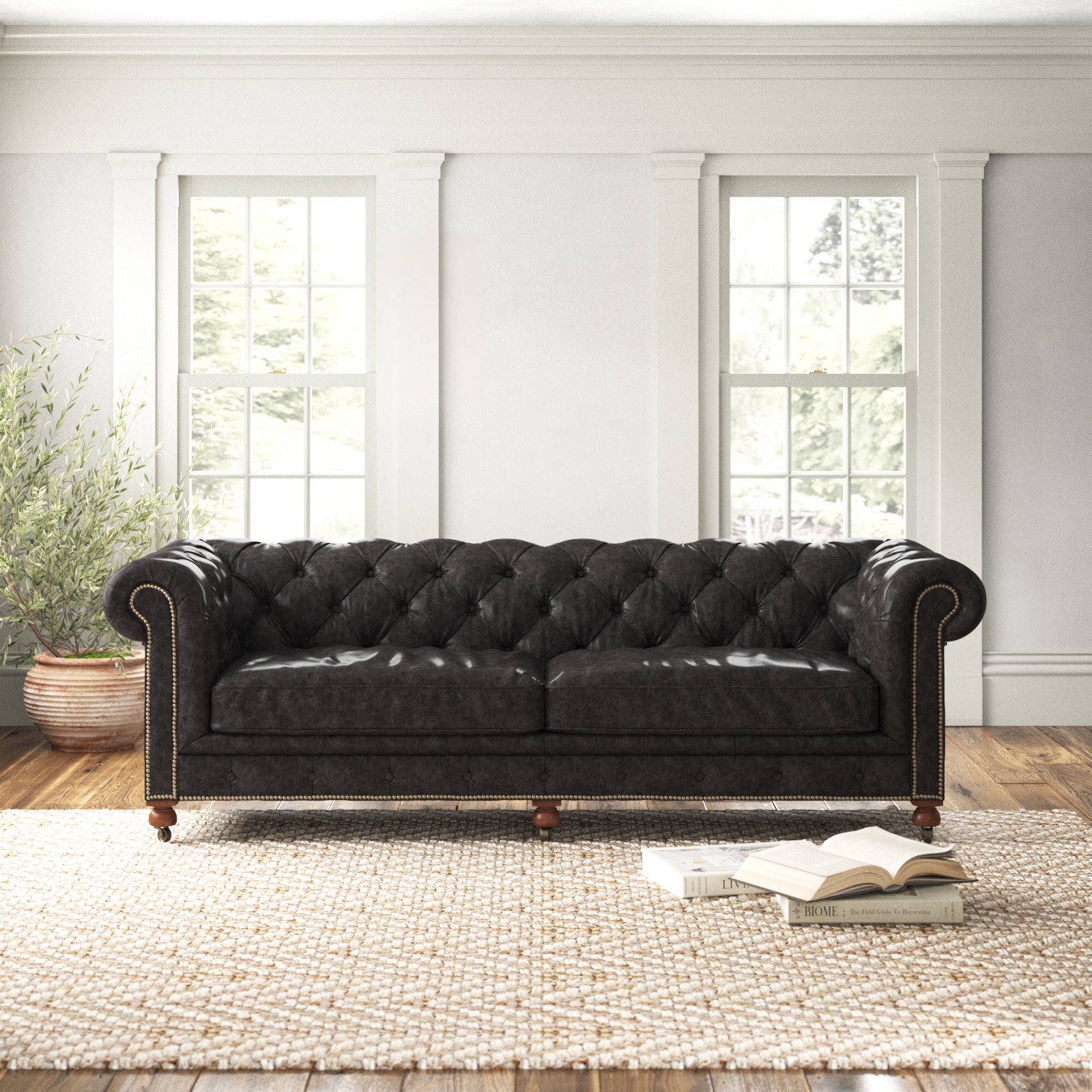 Ramon 96" Genuine Leather Chesterfield Sofa, Rider Black Genuine Leather