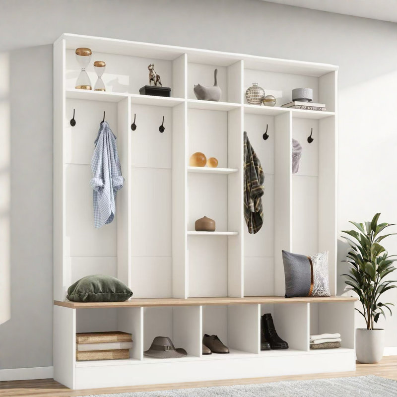 Wide Design Hall Tree With Storage Bench, Shoe Cabinet, Shelves And 8 Hooks, White