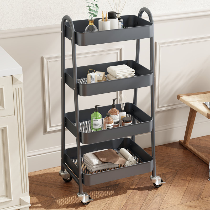 4-Tier Under Desk Mobile Utility Cart with Metal Storage Organizer, Gray