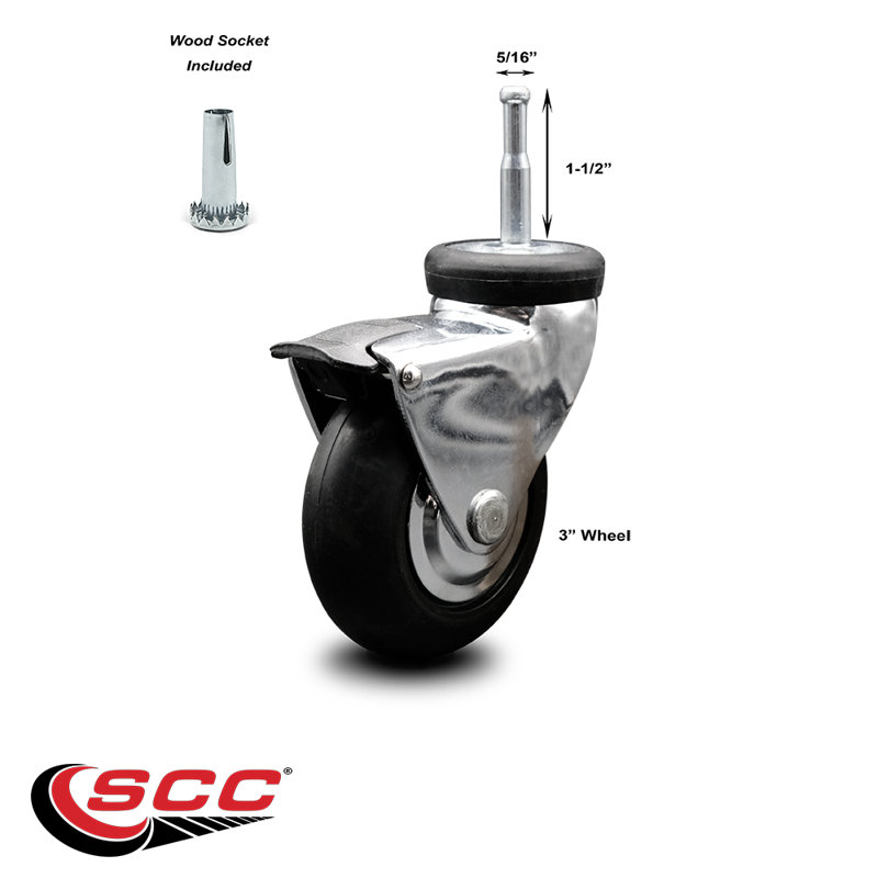 3 Inch Chrome Hooded Neoprene Rubber 5/16 Inch Grip Ring Stem Caster with Brake