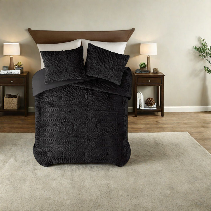 Ensemble de literie luxueux en fausse fourrure, édredon en polyester noir pour maison moderne