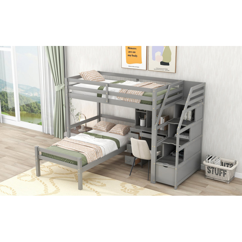 Lit mezzanine avec lit autonome, escalier de rangement, bureau, tablettes et tiroirs, Gris