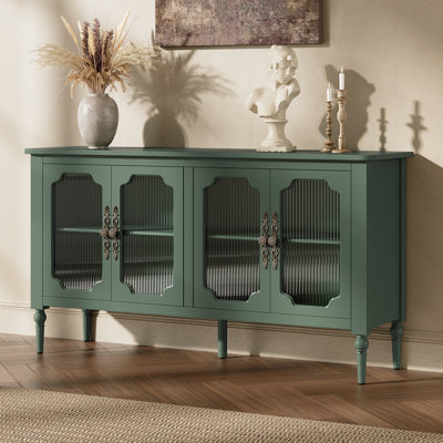 Buffet 58 po 58 po, 4 portes en verre trempé cannelé avec pieds en bois massif