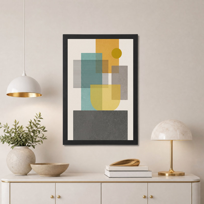 Formes géométriques sur toile turquoise et moutarde, H 30 po x l 20 po