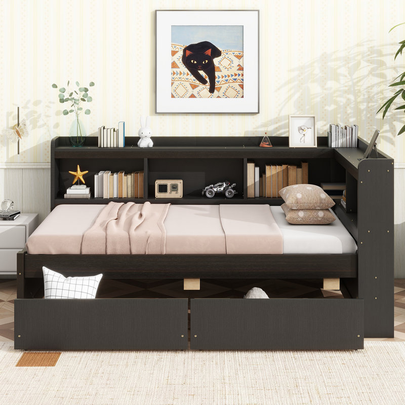 Twin Size L-Shaped Bookcases Bed With Power Outlets, USB Charging Ports,Two Drawers, Espresso