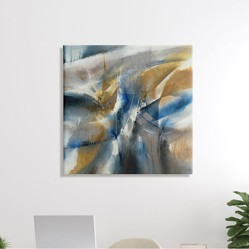 Bleu, gris, jaune, distorsion, forme occupée - peinture, Toile tendue, H 36 po x l 36 po