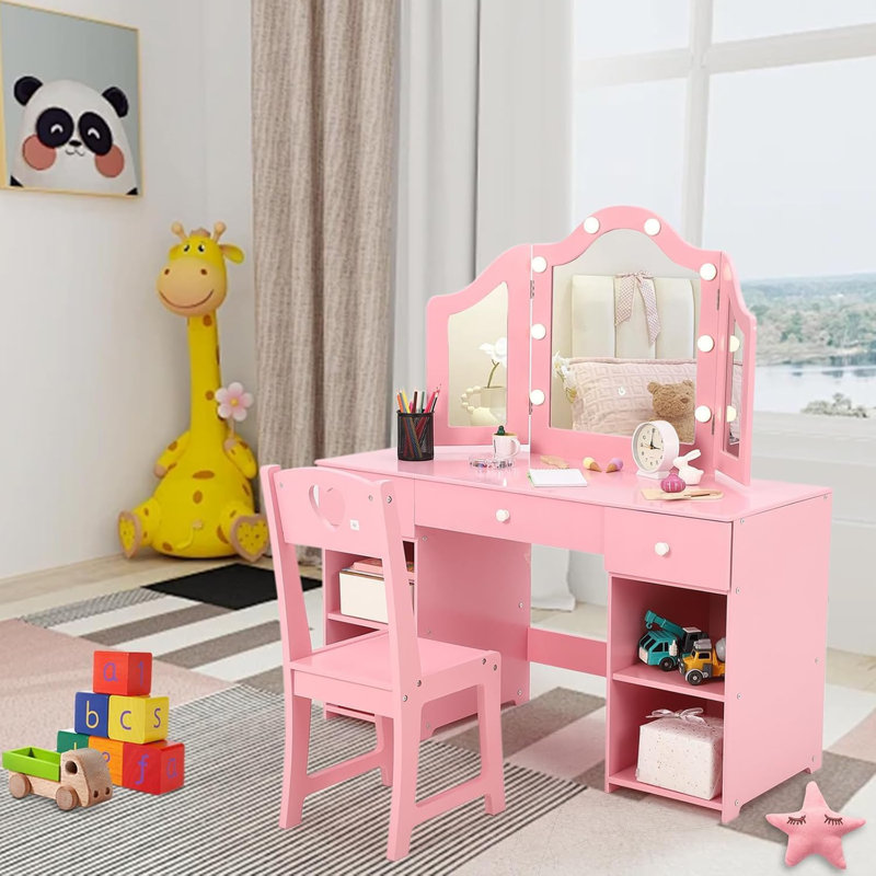 Ensemble de coiffeuse pour enfants, table de maquillage 2 en 1 avec miroir pliable et tiroir, Blanc