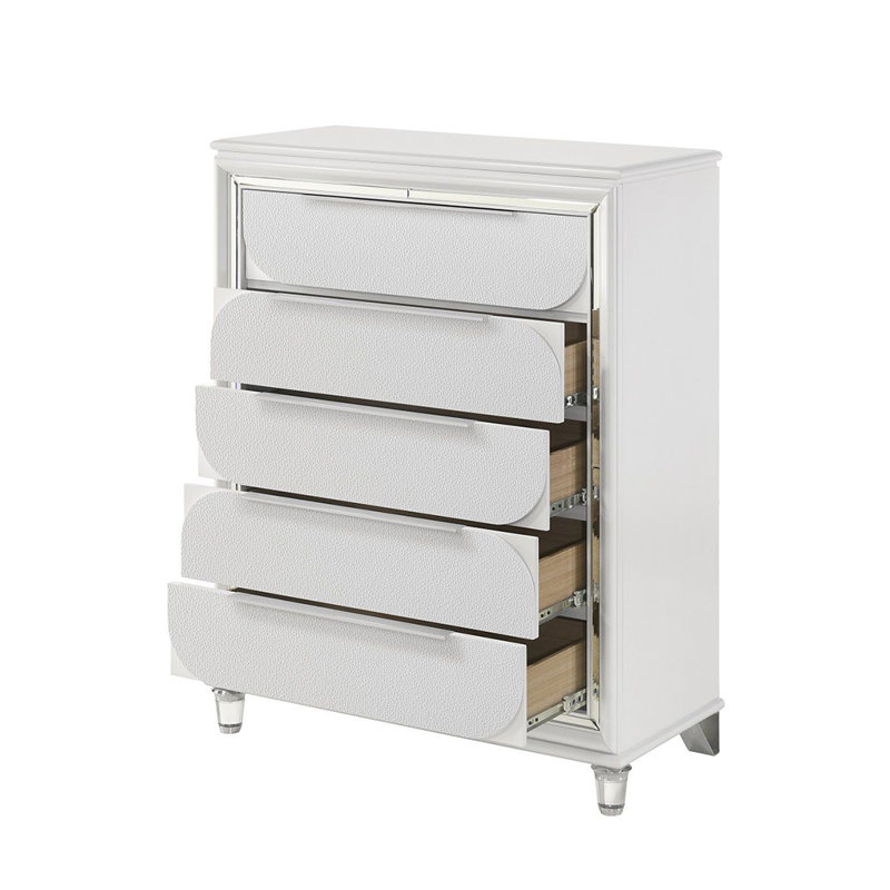 Commode 5 tiroirs en bois avec pieds en cristal acrylique blanc perle