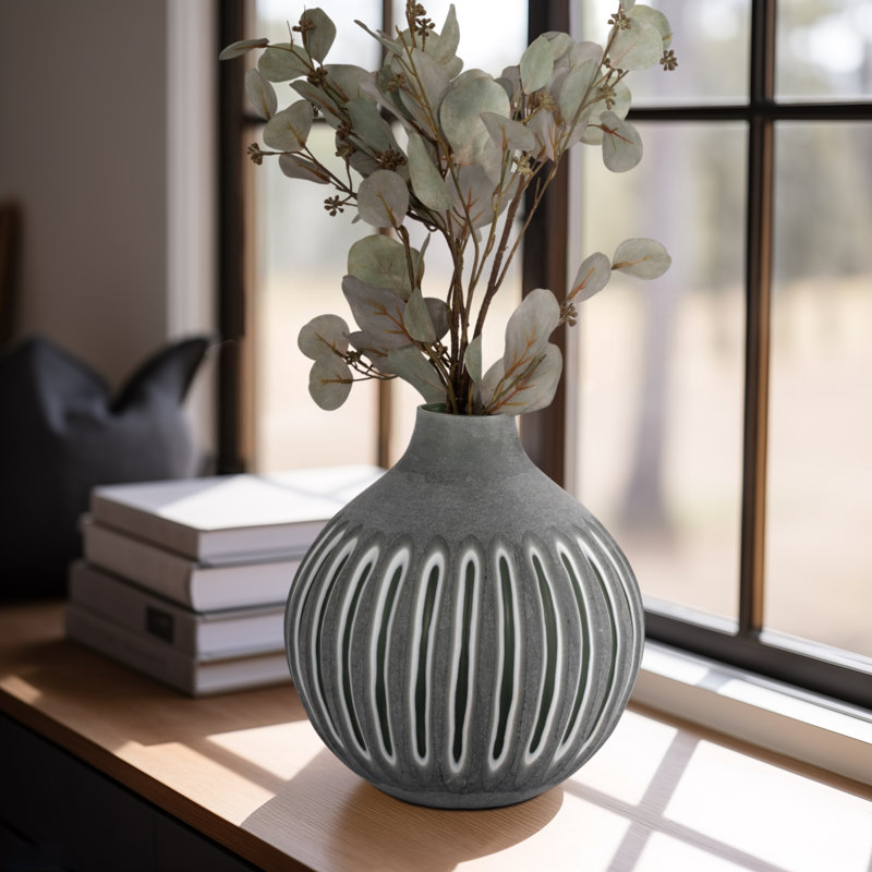 Decorative Round Glass Vase with Cutout Pattern for Home Decor - Tall Flower Vase Accent for Console Table, Shelf, or Living Room Styling - 12"