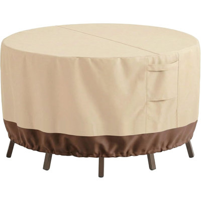 Weather Resistant Outdoor Round Table Cover, 210D Beige Brown Silver Coated Protector with Apricot Grey Mesh Vents Fabric Handles Four Bottom Buckles and Two Black Drawstrings