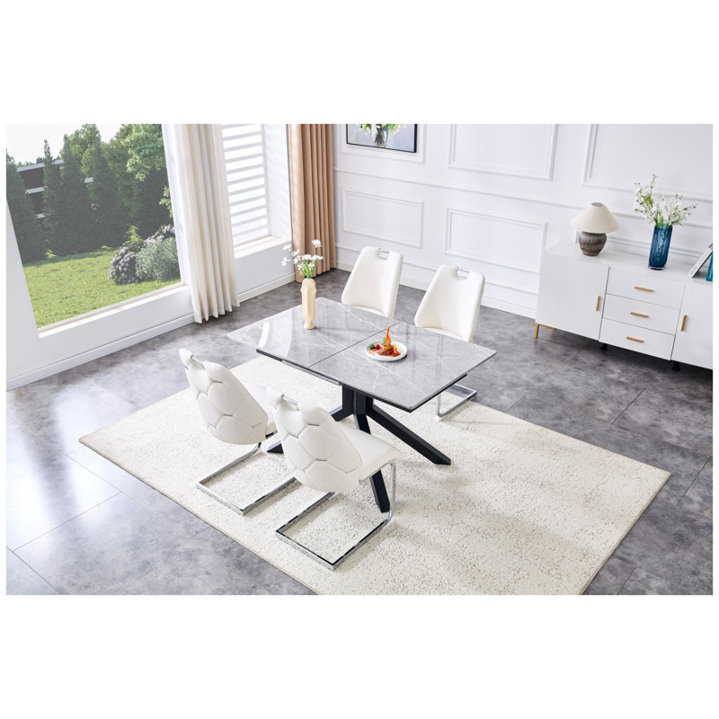 Ensemble de salle à manger contemporain 5 pièces avec table rectangulaire extensible et 4 chaises en similicuir, blanc