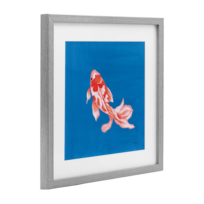 «Blue Vibrant Koi Fish», reproduction sous verre encadrée, design par Yvette St. Amant, Cadre de ferme gris