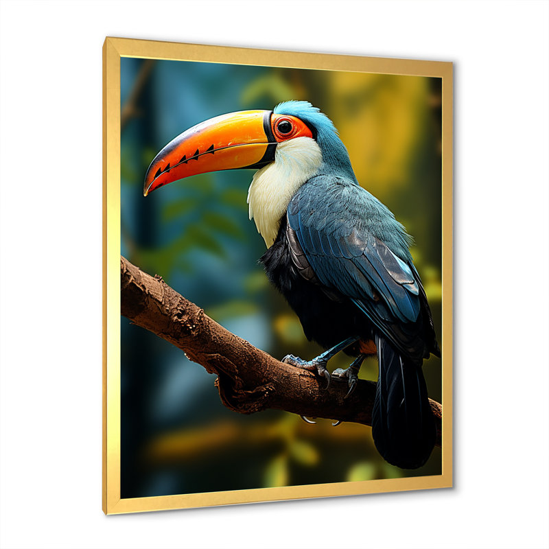 Bleu et blanc, jungle tropicale toucan, Cadre doré simple, H 20 po x l 12 po x P 1 po