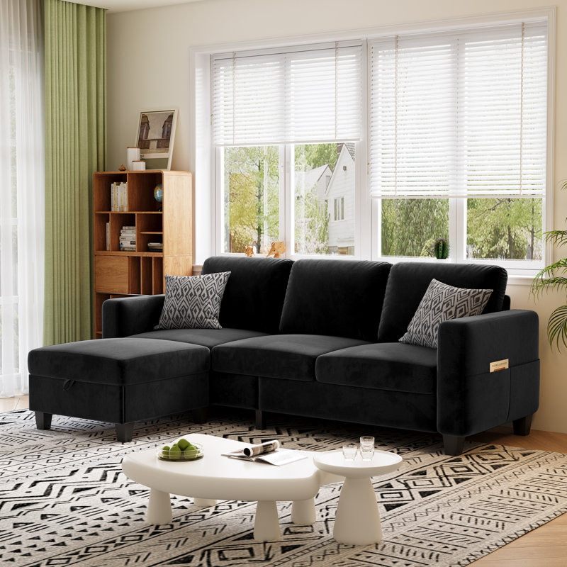 78'' Upholstered Sofa Couch With Movable Ottoman, Black