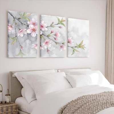 Cerisier en fleurs, ensemble de 3 reproductions d'art sur toile tendue à l'aquarelle pour salon, chambre à coucher ou bureau