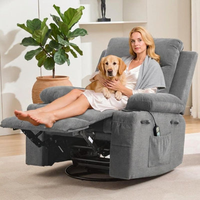 Fauteuil inclinable pivotant surdimensionné avec massage, chaleur et bascule - choix de plusieurs tissus pour tout espace