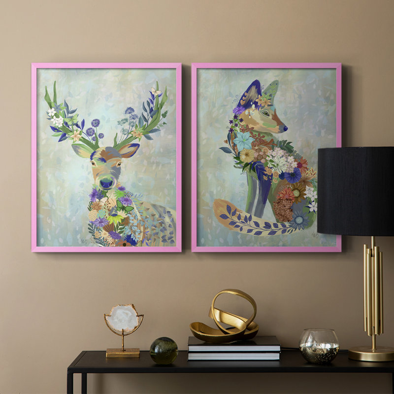 Fantastic Florals Deer, Portrait - reproduction encadrée de qualité supérieure - prête à être accrochée - aucun clou requis - aucun clou requis