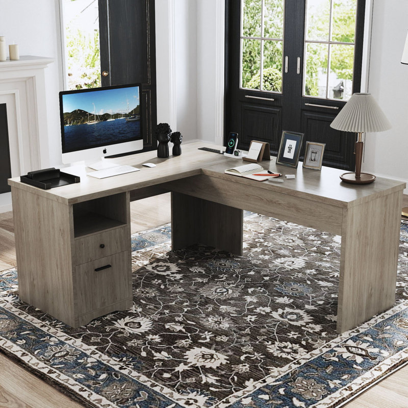 Deyra 56'' W L-Shaped Desk Lift Top Design, Oak