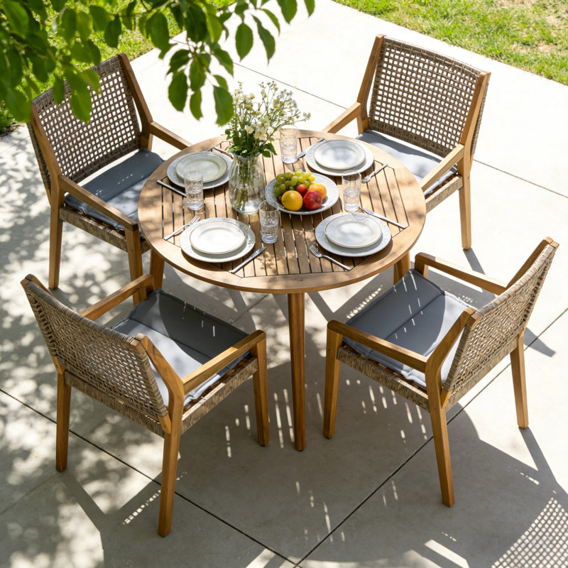 Ensemble de salle à manger d'extérieur moderne 5 pièces - Table ronde et 4 fauteuils en osier avec coussins, pour patio, jardin ou terrasse