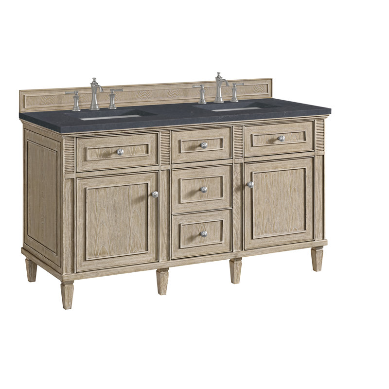 Lorelai 60'' Double Bathroom Vanity with Top, Charcoal Soapstone, Whitewashed Oak, 8" Widespread