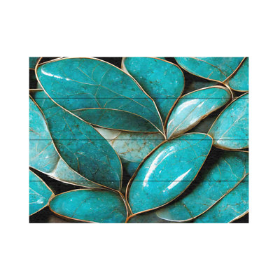 Turquoise Leafs On Wood Print