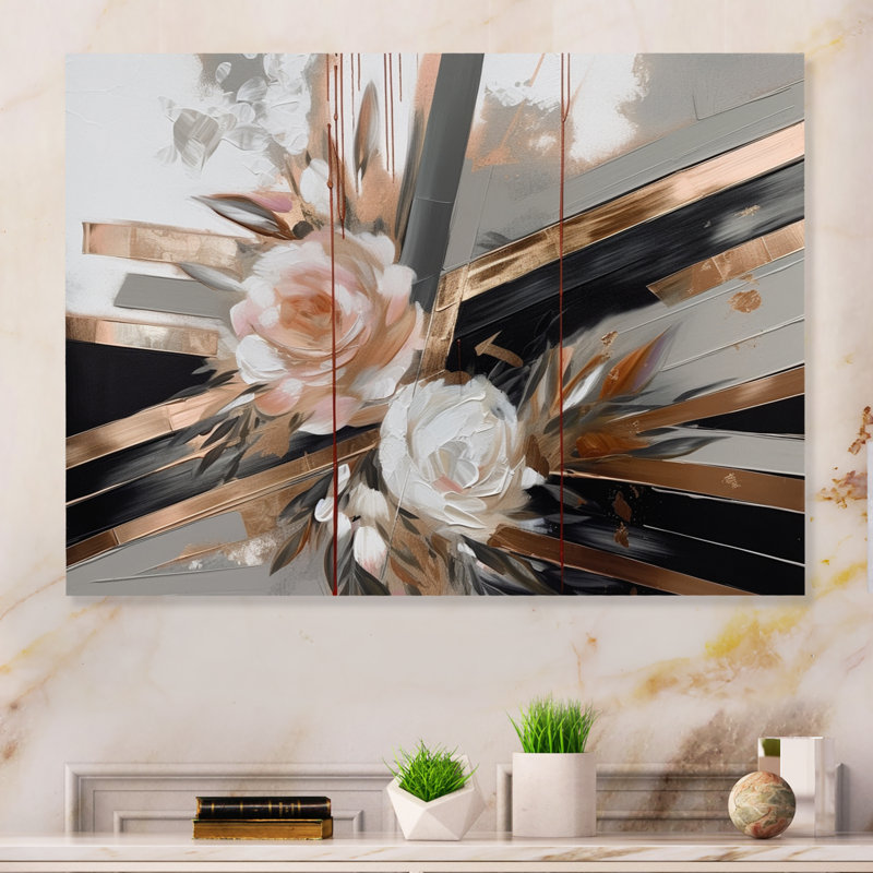 Élégance florale linéaire en or rose III - décoration murale florale en métal, H 34 po x l 44 po