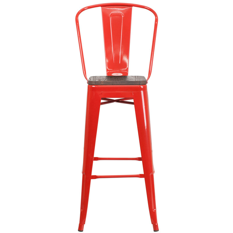 Tabouret de bar ou de comptoir en métal Marian avec dossier et siège en bois Marian, Rouge, 1