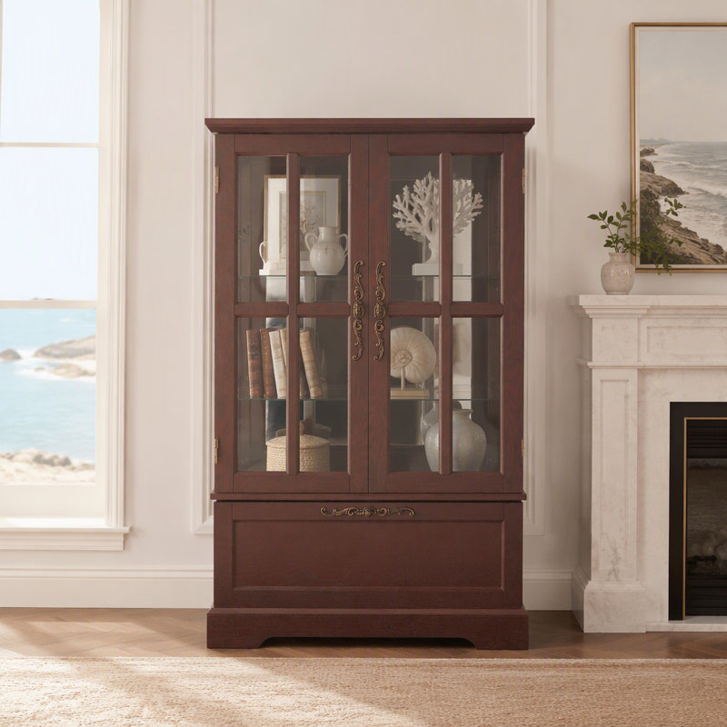 Vitrine en cerisier foncé avec portes en verre et tiroir rabattable, bibliothèque de rangement autoportante pour salle à manger, salon, chambre à coucher et vestibule