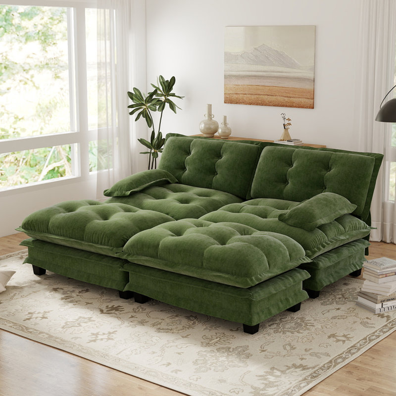 Modular Chenille Sectional Sofa U-shaped Cloud Couch With 2 Ottomans, Green