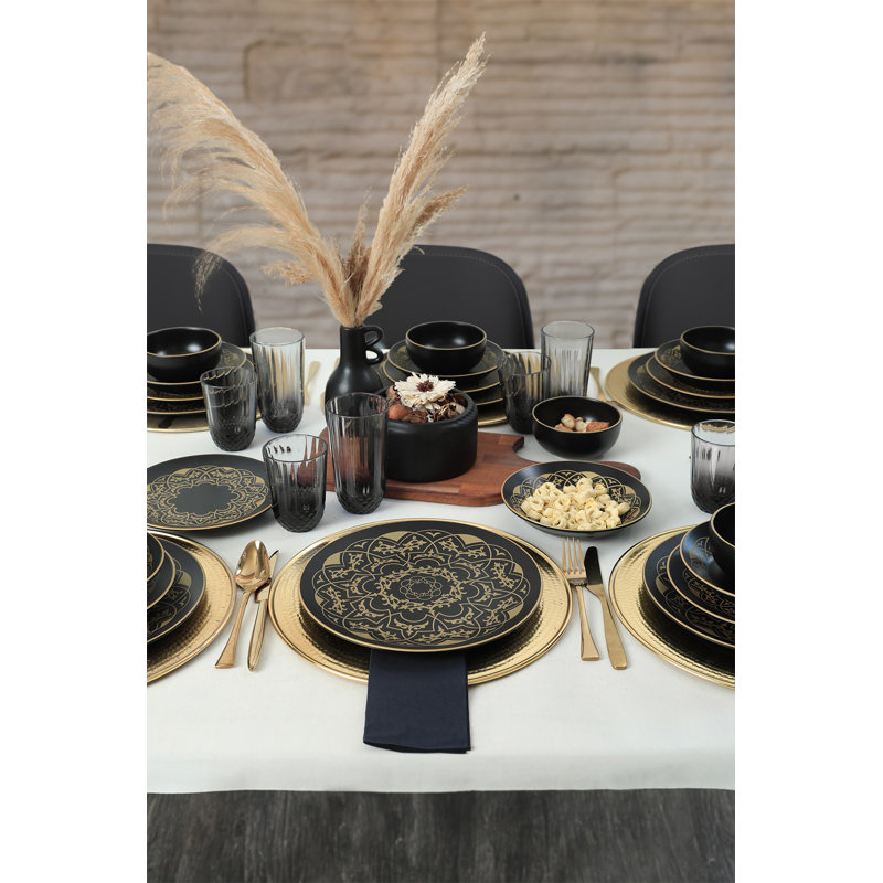 Ensemble de vaisselle élégante en céramique 24 pièces, noir et or | 100% céramique antibactérienne, facile à nettoyer | Comprend 6 assiettes de service (10,2 po), 6 assiettes plates (7,5 po), 6 bols (4,7 po), 6 assiettes à dessert (7,9 po) | Va au lave-vaisselle jusqu'à 122 ° F