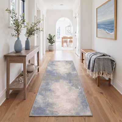Machine Washable Abstract Ivory / Blue Runner With Non-Slip Backing