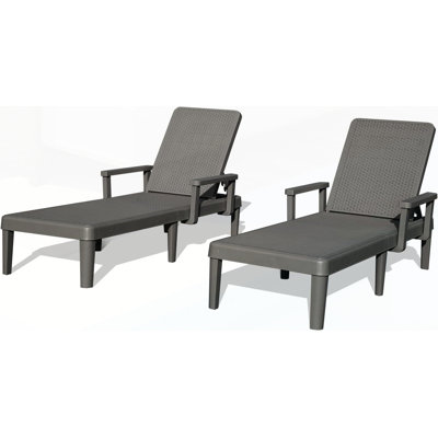 Pool Lounge Chairs Set Of 2, Adjustable Backrest And Armrest, Resin Waterproof Chaise For Outdoor Comfort And Durability
