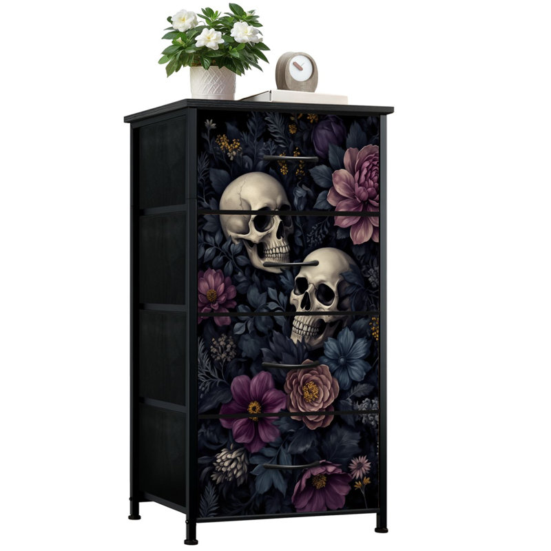 Commode pour la chambre à coucher avec 4 tiroirs de rangement Crâne floral foncé fleurs mauves roses Feuilles complexes Commode commode en acier avec cadre pour garde-robe de chambre d'enfant