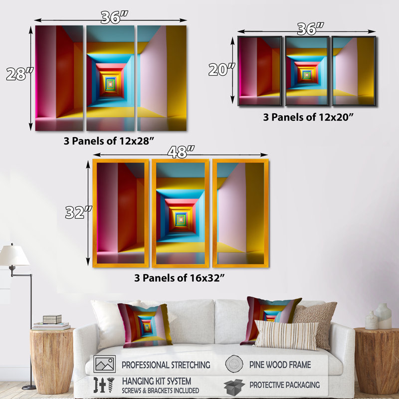 " Pastel Color Rectangular Infinity " 3 - Pieces, Maple Floater Framed, 32" H x 48" W