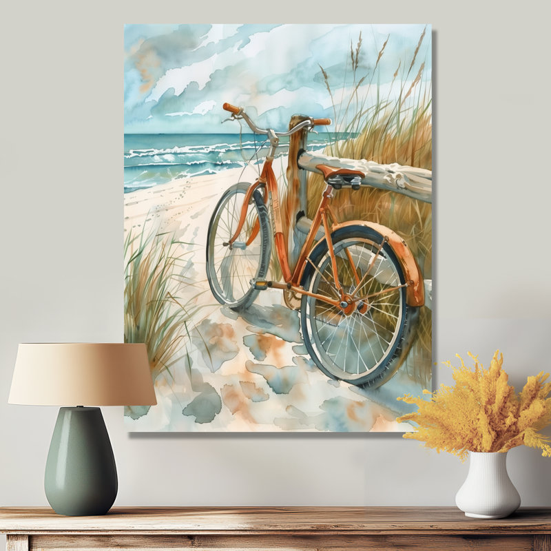 Vélo orange sur le sentier de la plage côtière - salon d'art mural côtier, Cadre photo noir, H 44 po x l 34 po