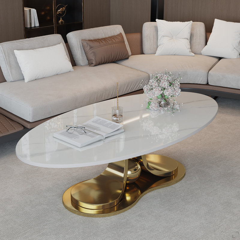 Table basse 49,2 "en faux marbre moderne avec plateau en pierre frittée, table de salon avec base en acier inoxydable