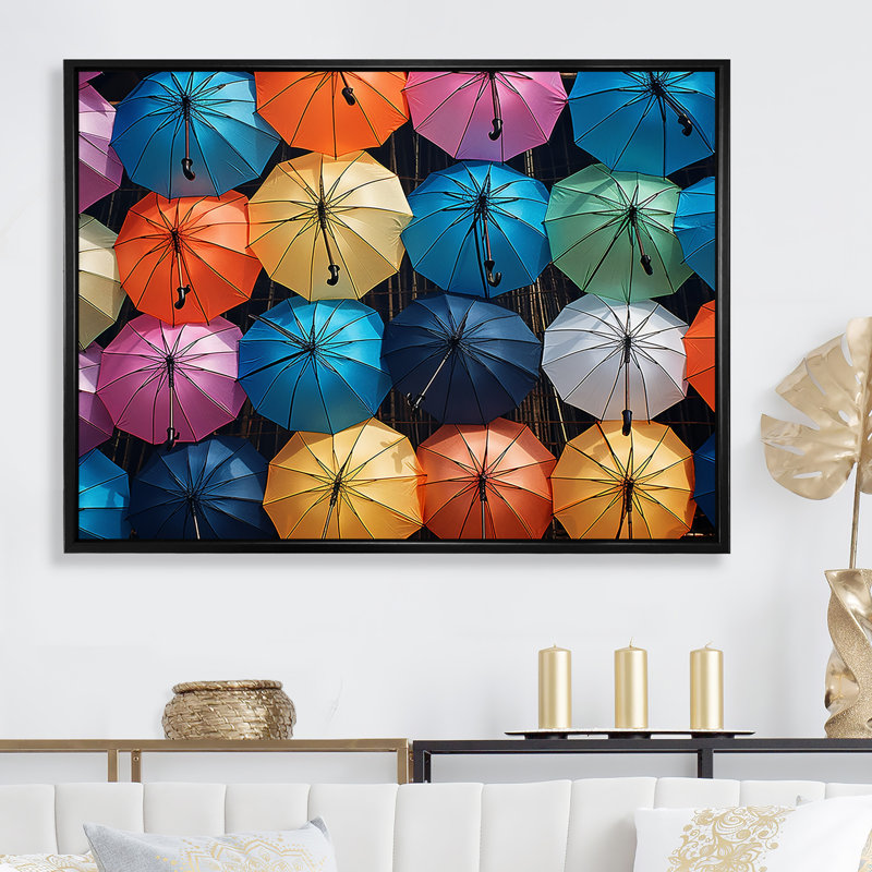 «Rainbow Umbrellas Collage III», reproduction sur toile, 24" H x 32" W, Black Picture Framed