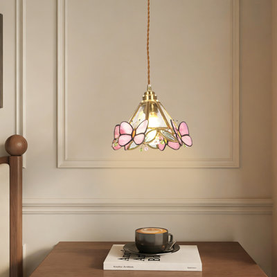 Luminaire suspendu en laiton avec abat-jour en verre papillon et lumière ambiante chaleureuse