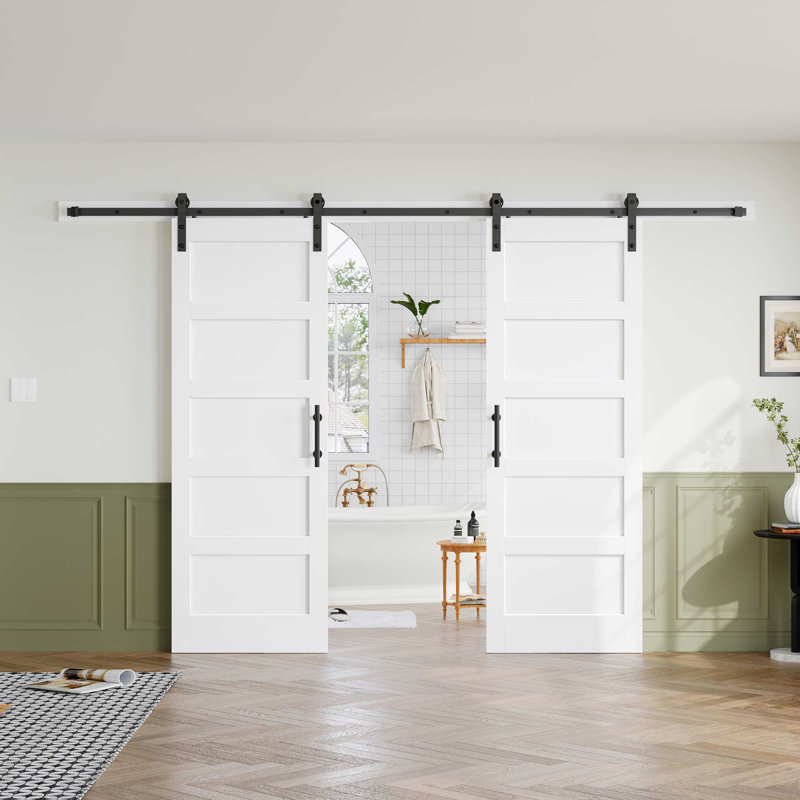 Porte de grange double en bois manufacturé à 5 panneaux avec quincaillerie d'installation, 60 po x 80 po