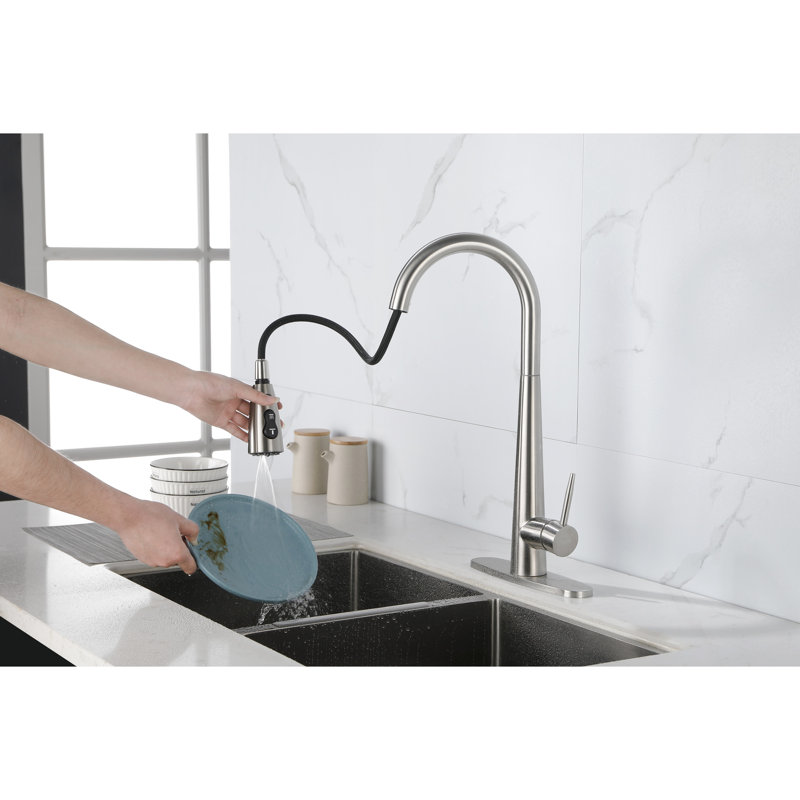 Single Handle Kitchen Sink Faucet With Pull Down Of Stainless Steel, Brushed Nickel Color, High Nozzle Rotating 360, Three Water Output Settings For Washing And Rinsing In Kitchen, Easy Temperature