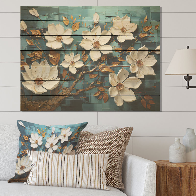 Blanc et bleu, charmante fleur de printemps élégante IV - Fleurs sur bois, H 24 po x l 32 po
