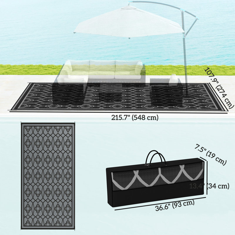 Reversible Outdoor RV Rug, 9' x 18', Lantern, Black & Grey